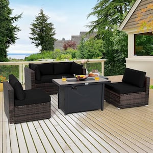 6-Piece Wicker Patio Conversation Set with 60,000 BTU Gas Fire Pit Table and Glass Coffee Table and Black Cushions
