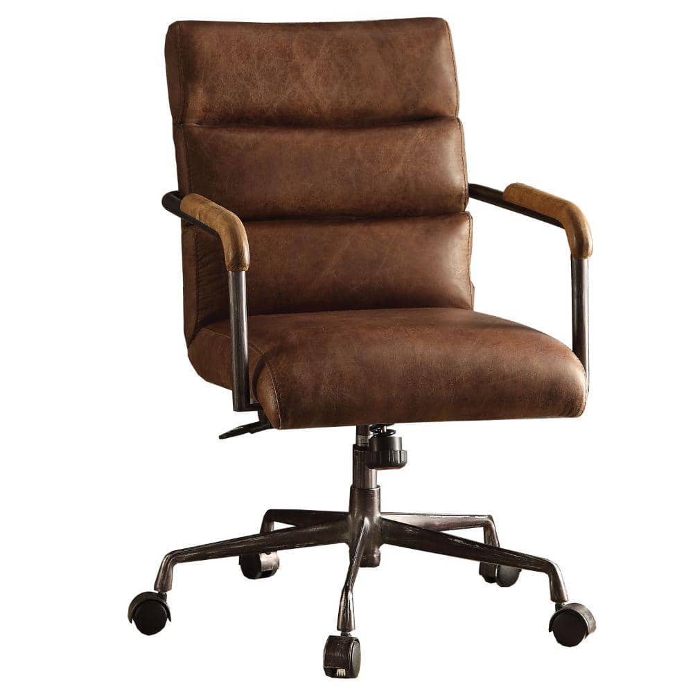 Benjara Retro Brown Metal And Top Grain, Office Chair Brown Leather