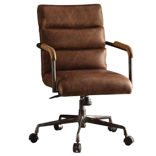 Benjara Retro Brown Metal and Top Grain Leather Executive Office Chair