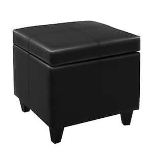 18 in. Enchanting Black Square Wood Storage Ottoman with Faux-Leather Upholstery