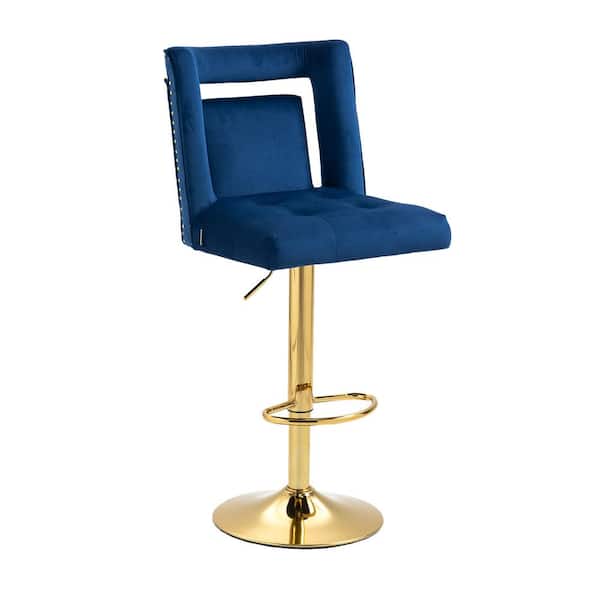 URTR 46.5 in. Navy Low Back Metal Frame Velvet Bar Stool with Footrest, Adjustable Swivel Bar Stools for Kitchen Island