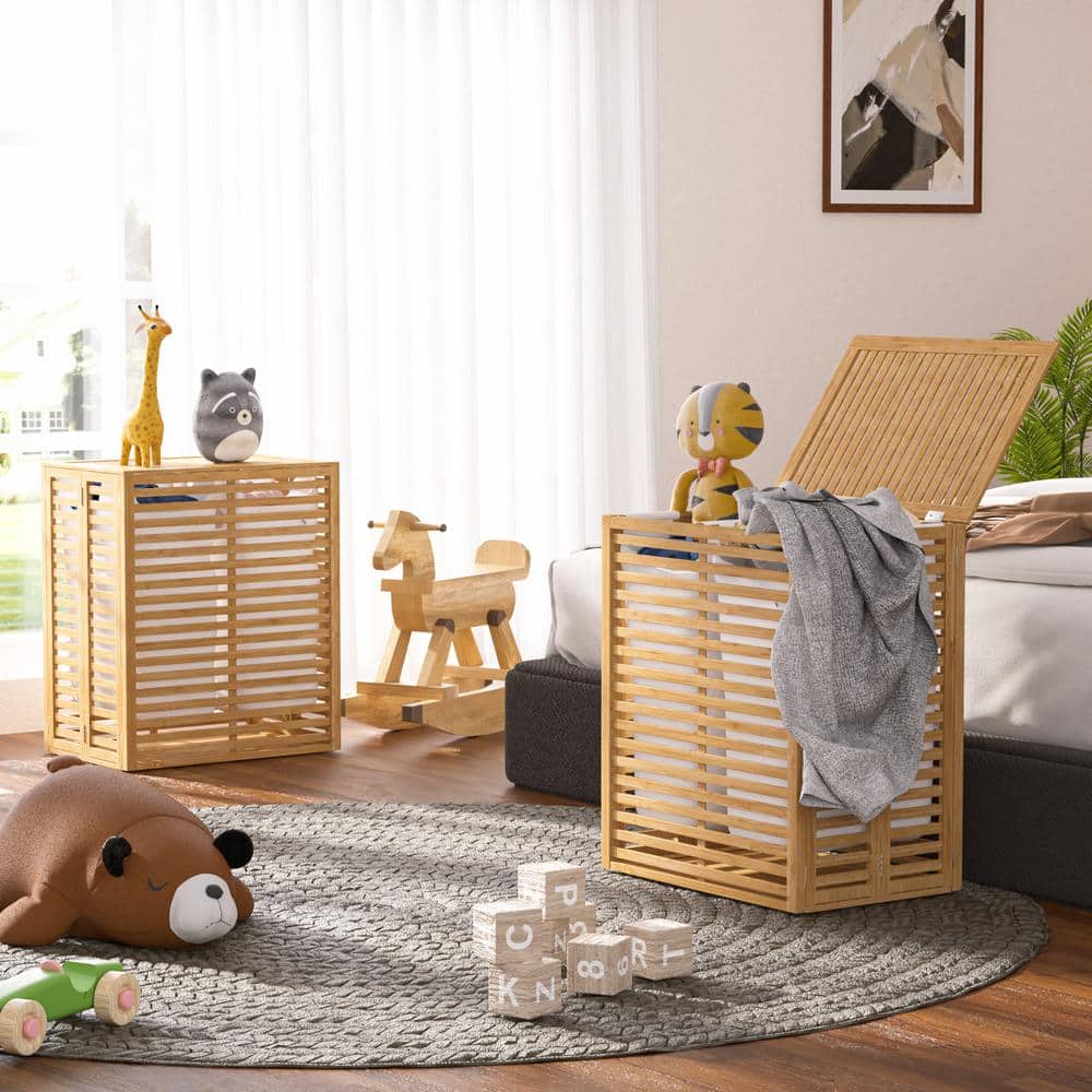 Natural Bamboo 2-Section Collapsible Laundry Hamper with Lid