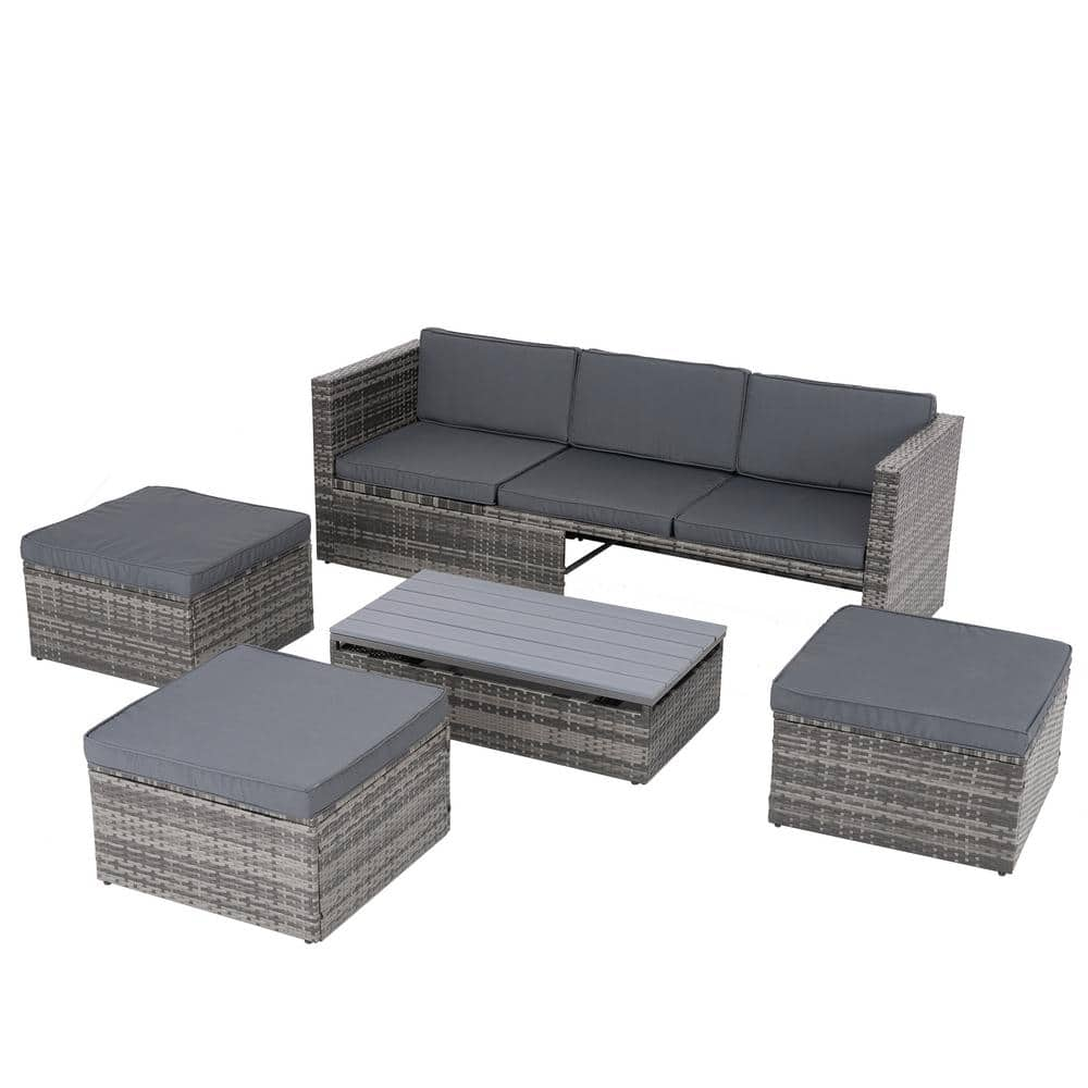 5-Piece Grey Wicker Outdoor Sectional Sofa Set Conversation Set with Dark Grey Cushions