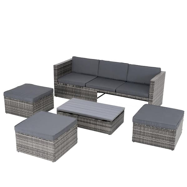 Unbranded 5-Piece Grey Wicker Outdoor Sectional Sofa Set Conversation Set with Dark Grey Cushions