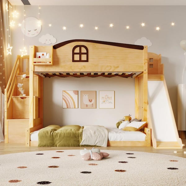 Natural Twin Over Full Bunk Bed with Storage Staircase, Shelf, Slide and Wardrobe