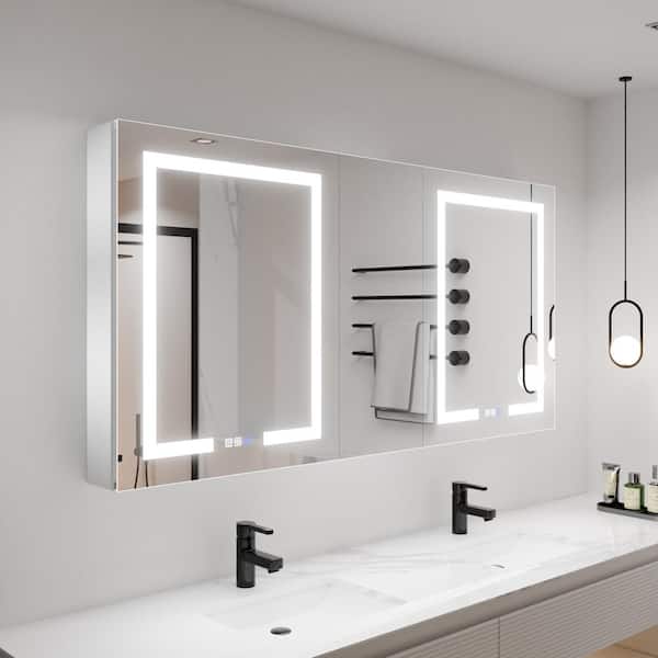 ExBrite Shine 60 in.W x 30 in.H Rectangular Aluminum Recessed/Surface Mount Dual Swing Medicine Cabinet with Mirror LED