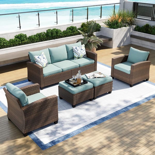 PHI VILLA Brown Rattan Wicker 7 Seat 5-Piece Steel Patio Outdoor Sectional Set with Blue Cushions and 2 Ottomans