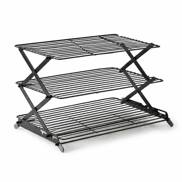 Black Steel 3-Tier Collapsible Cooling Rack with X-Leg Design, 17.1 in x 9.8 in, Adjustable Height
