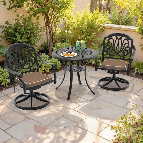 Black 3-Piece Cast Aluminum Patio Outdoor Dining Set with 2 Swivel Rockers with Brown Cushions and 30.71 in. Round Table