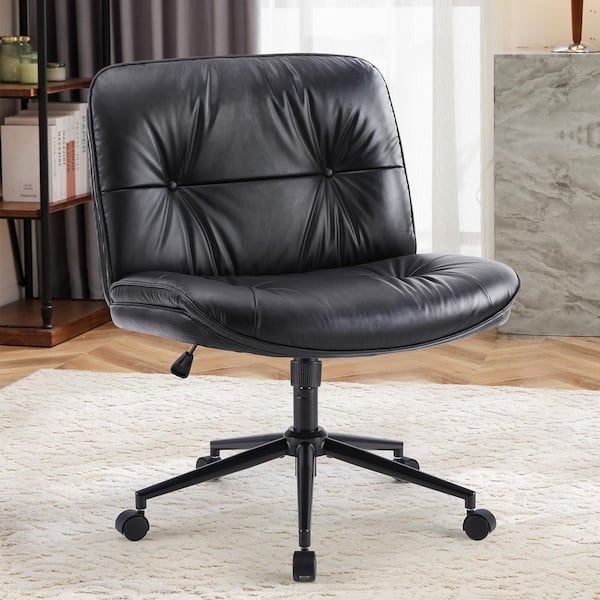 WONDER COMFORT PU Leather Adjustable Height Wide Seat Criss Cross Task Chair in Night Black with Armless & Changeable Feet