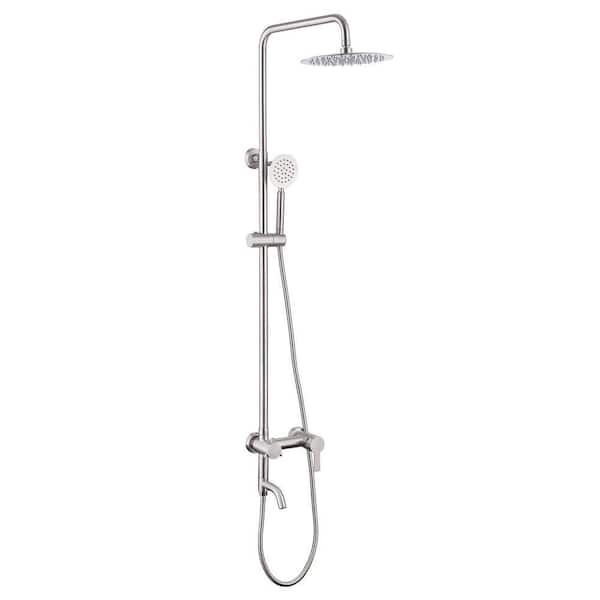 304 Stainless Steel Outdoor Wall Bar Shower Kit with Rotating Rain Shower Head, Hand Shower and Bathtub Faucet in Silver
