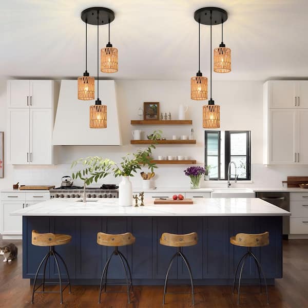 Jasslynn 3- Light Farmhouse Brown Pendant Light Chandelier with Rattan Shade for Island Foyer Dinning Living Room