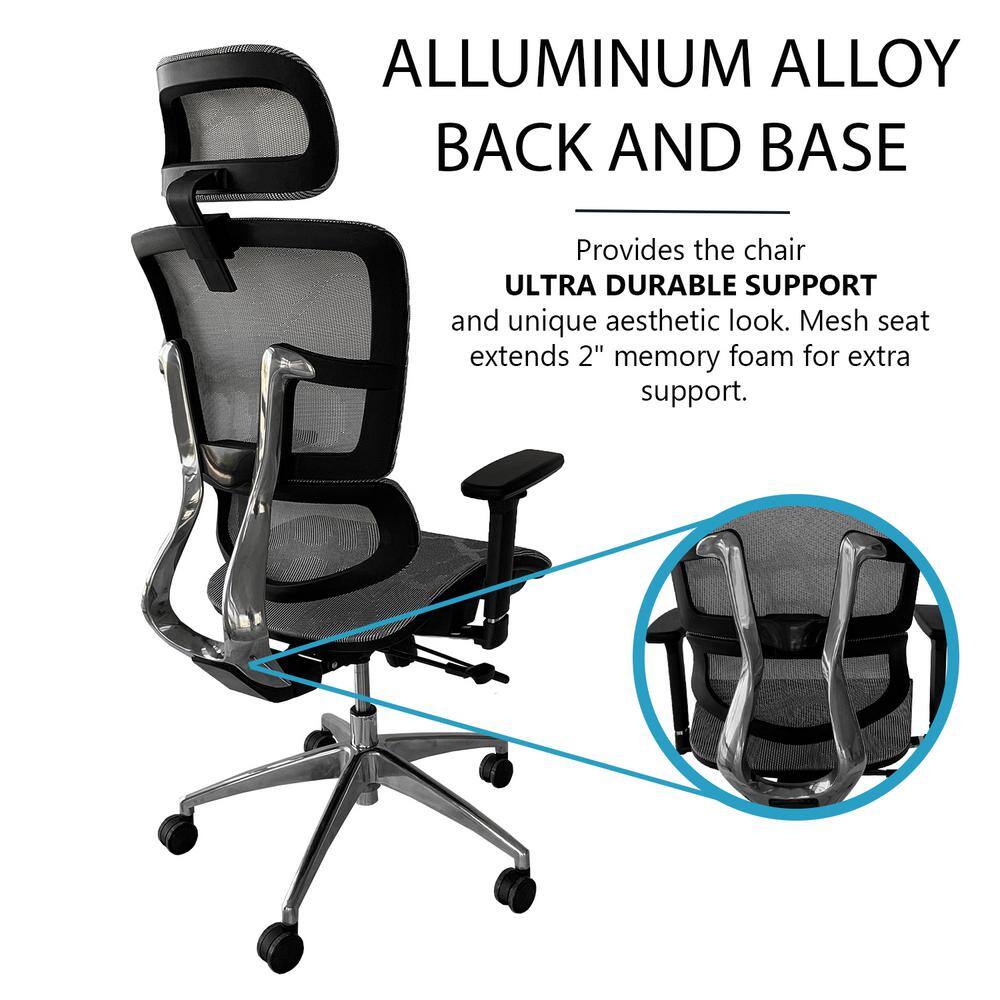 Detail of Ergomax chair aluminum alloy back and base