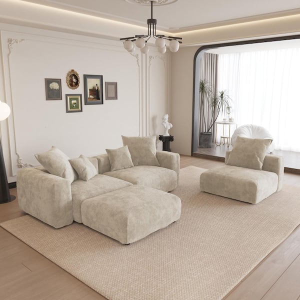 Unbranded 141.7 in. Reversible Modular 4-Piece Corduroy L-Shaped Sectional Sofa with Deep Seats and Ottoman in Beige
