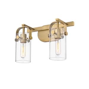 Pilaster 14.88 in. 2 Light Brushed Brass Vanity Light with Clear Glass Shade
