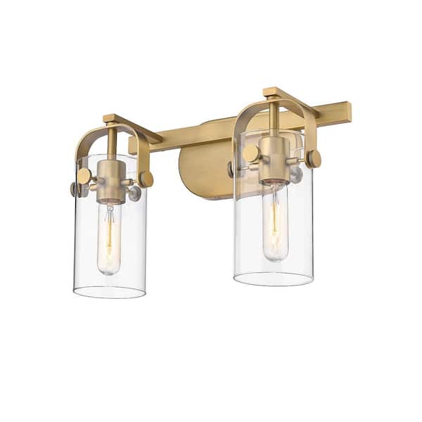 Innovations Pilaster 14.88 in. 2 Light Brushed Brass Vanity Light with Clear Glass Shade