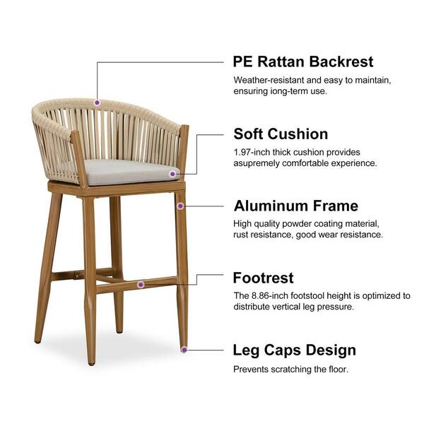 Modern Aluminum PE Rattan Bar Height Outdoor Bar Stool with Back and Beige Cushion (4-Pack)