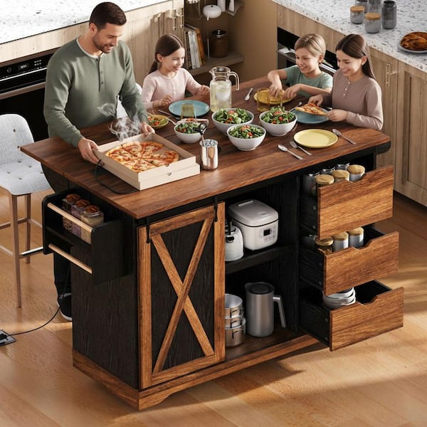 Farmhouse Black Wood 55.5 in. Drop Leaf Power Outlet Kitchen Island Kitchen Storage Cart with Barn Door and Spice Rack