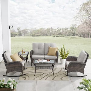 5-Piece Brown Wicker Patio Conversation Set with Beige Cushions and Loveseat Side Table Flat Handrail Rocking Chairs