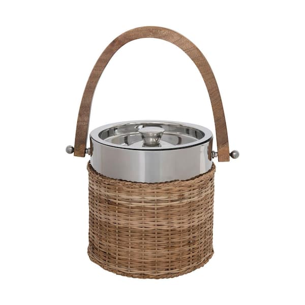 Storied Home 7 in. 1.5 qt. Natural Brown Stainless Steel and Woven Rattan Ice Bucket with Mango Wood Handle