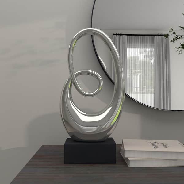 Litton Lane 4 in. x 21 in. Silver Ceramic Swirl Abstract Sculpture with Black Base