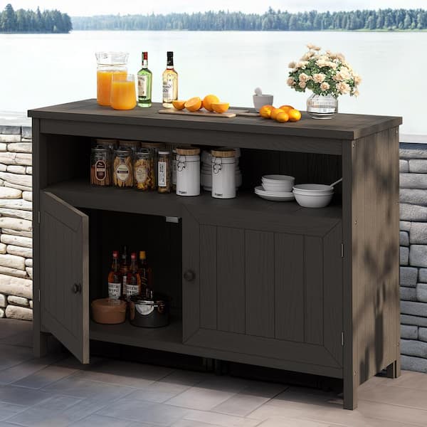 DEXTRUS 32 in. H Plastic Rectangle HIPS Wood Outdoor Side Table Living Console Table with Shelves and Storage Cabinet