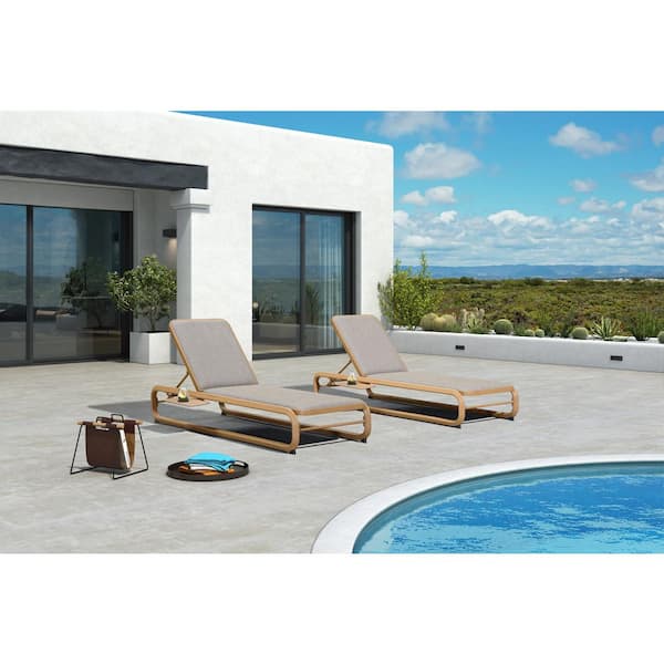 PURPLE LEAF Chaise Lounge Teak 2 pieces Metal Outdoor Recliner w/Slide-Out Side Table with Cushion Adjustable Backrest