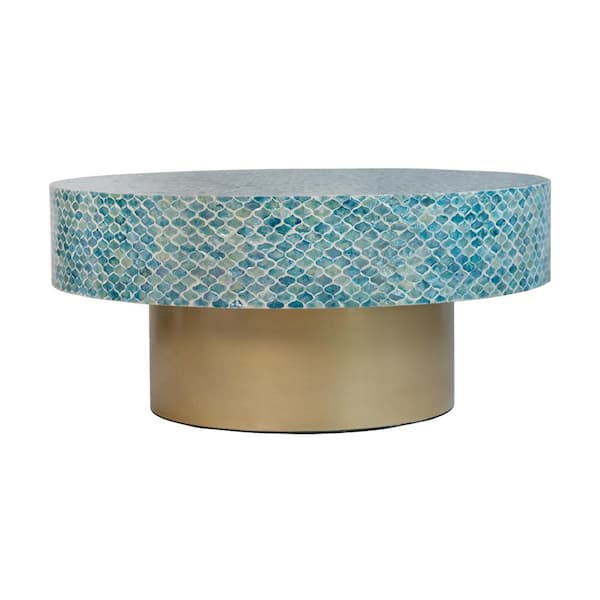 A & B Home Hyperion 35 in. Blue Gold Round Capiz Coffee Table