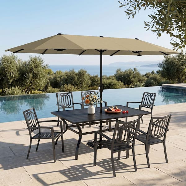 8 patio table umbrella PHI VILLA Black 8-Piece Metal Outdoor Patio Dining Set with Wood-Look Table, Umbrella and Fashion Stackable Chairs