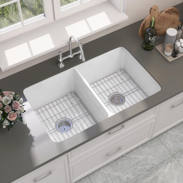 NTQ 32 in Undermount Kitchen Sink Rectangular Double Bowl Kitchen Sink White Fireclay Workstation Drop Sinks Kitchen