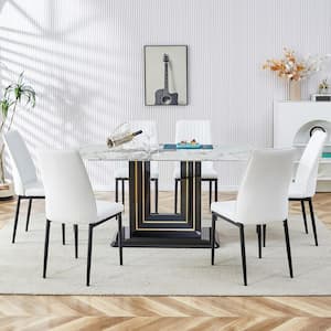 7-Piece Faux Marble Top Dining Table Set for 6 with MDF Base, Dining Table and 6 Chairs White