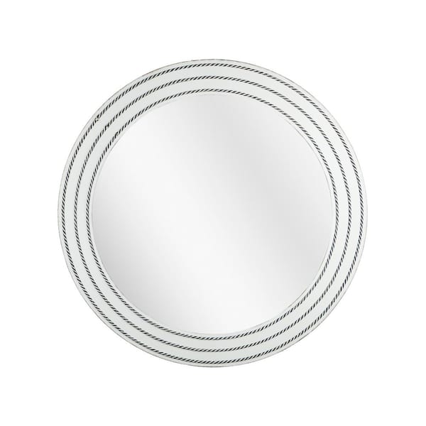 Deco Mirror 30 in. x 30 in. Rustic Whitewashed Wood Framed Round Wall Mirror with Inlaid Rope