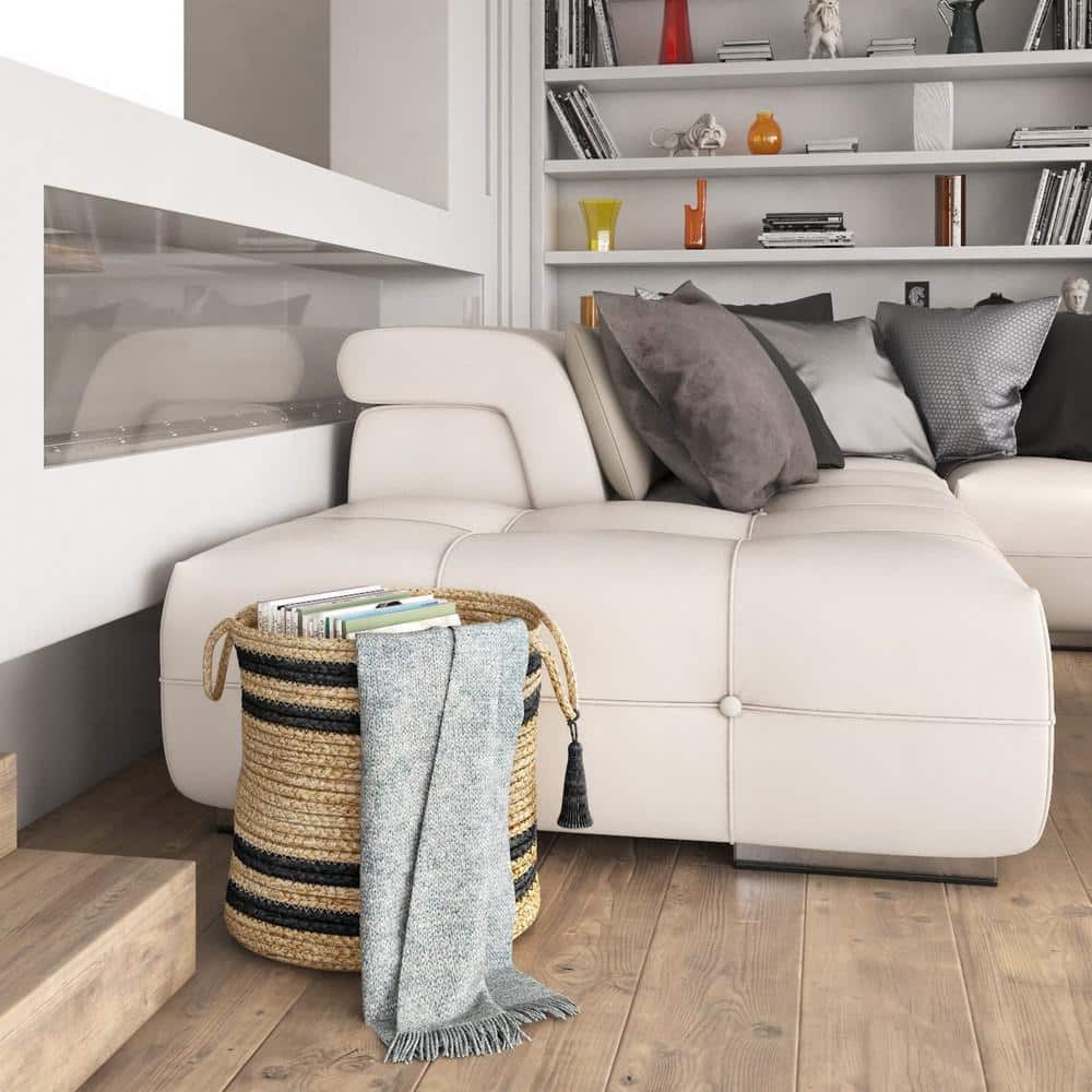 17" Natural Jute Round Storage Basket with Black Stripes