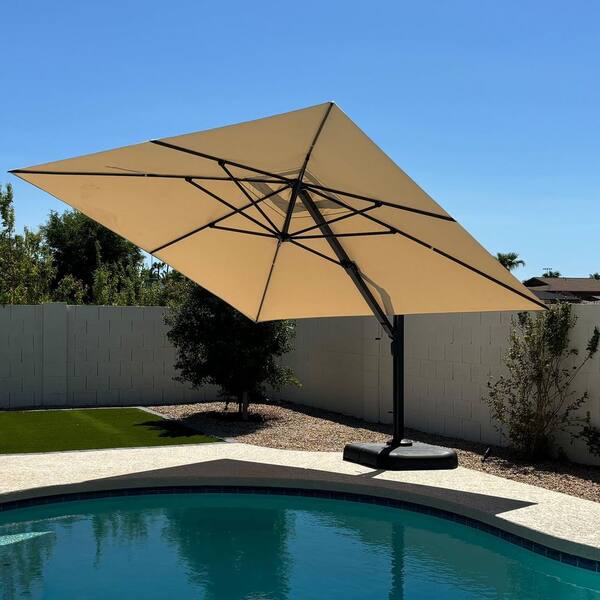 12 ft. Square Large Outdoor Aluminum Cantilever 360° Rotation Patio Umbrella with Base, Beige