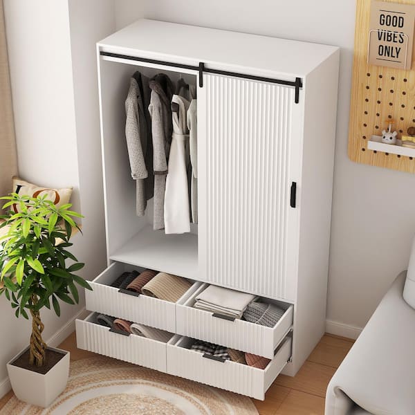 J&E Home 78.8 in. H White Bedroom Wood Storage Cabinet with Hanging Rod Barn Door, Drawers