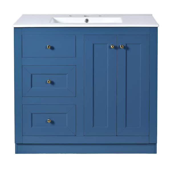 Boosicavelly 36 in. W x 18 in. D x 34 in. H Single Sink Freestanding Bath Vanity in Blue with White Ceramic Top