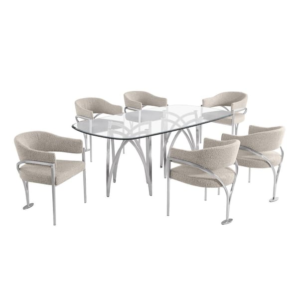 Best Quality Furniture Amelia 7-Piece Clear Tempered Glass Top Chrome Plated Base Dining Set with 6 Grey Color Chairs