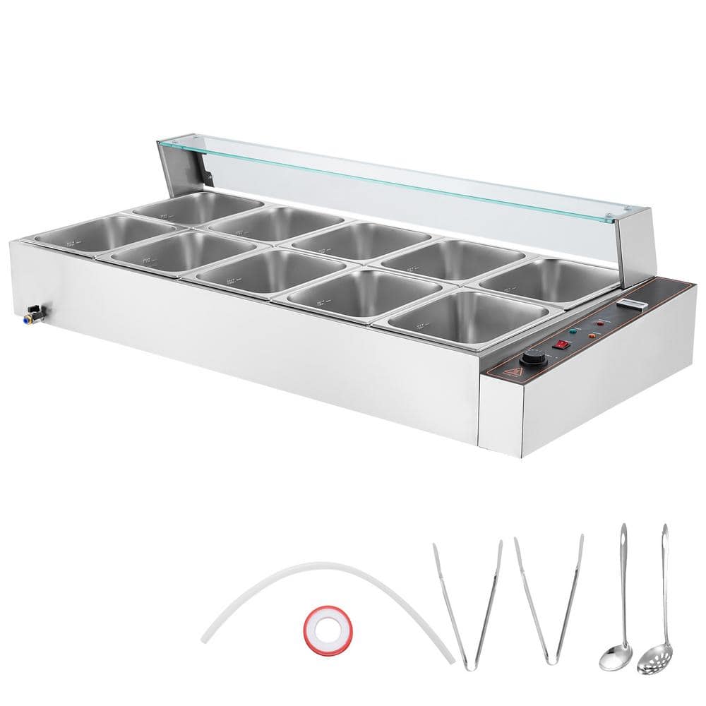 Commercial Food Warmer 40 qt. Silver Electric Steam Table with Glass Cover, 1700 Watt, Stainless Steel Buffet 5-Pan