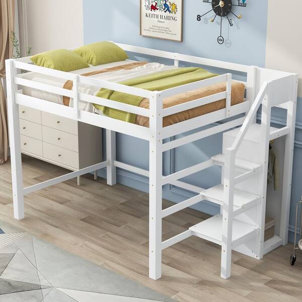 Harper & Bright Designs White Full Size Wood Loft Bed with
