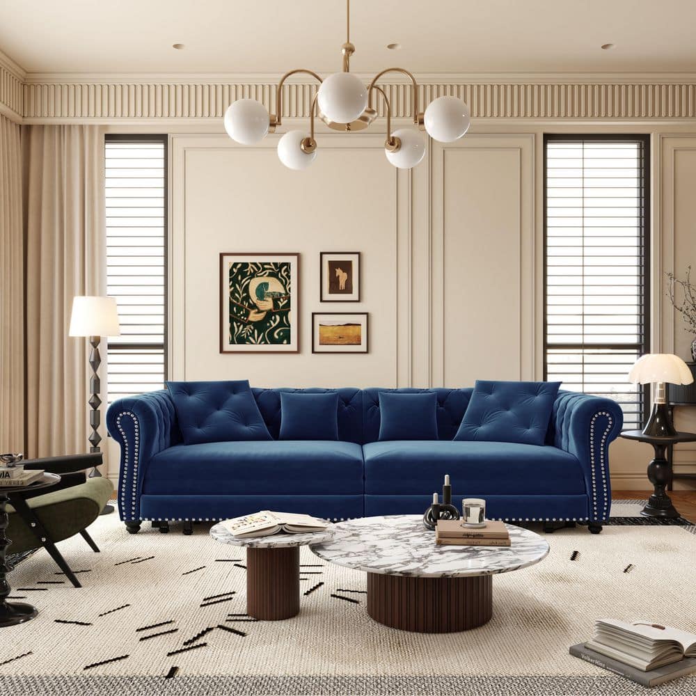89 in. Flared Arm Velvet Rectangle Sofa in Blue with Movable Ottoman