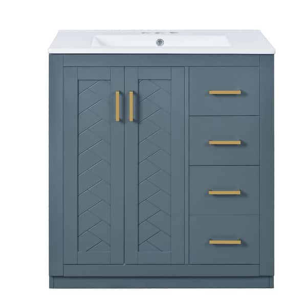 30 in. W Single Sink Bath Vanity in Blue with White Ceramic Top, 3-Drawers, Soft Closing Doors