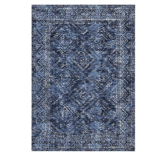 Blue 8 ft. x 10 ft. Washable Vintage Distressed Bohemian Style Polyester Area Rug