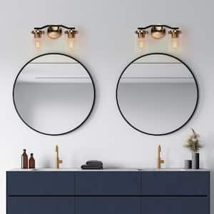 14 in. 2-Light Brass Gold Bathroom Vanity Light for Mirrors, Modern Black Bath Lighting, Clear Glass Wall Sconce
