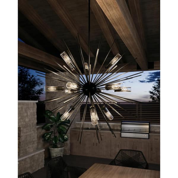 Hilo 12-Light Oil Rubbed Bronze Large Modern Sputnik Outdoor Hanging Chandelier with Clear Glass Tube Shades