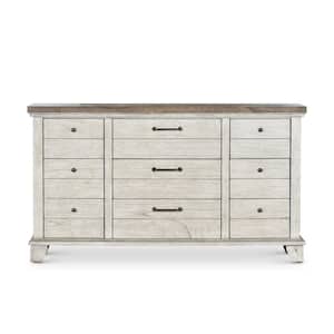 38 in. Height x 66 in. Width x 19 in. Depth Bear Creek 9-Drawer Rustic Ivory and Honey Dresser