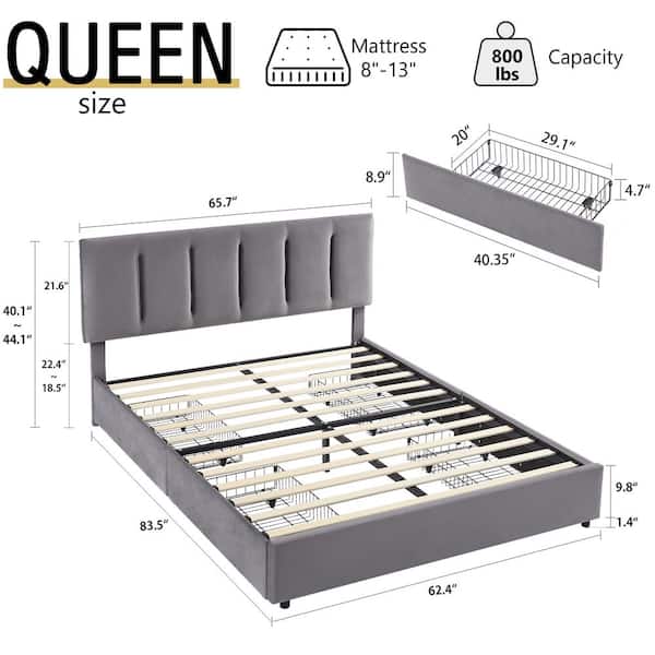VECELO Upholstered Bed Frame, Gray Queen Metal Frame With 4