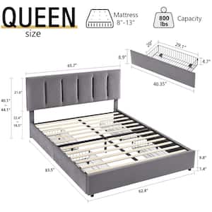 Upholstered Bed Frame, Gray Queen Metal Frame With 4-Storage Drawers and Adjustable Headboard Platform Bed Frame