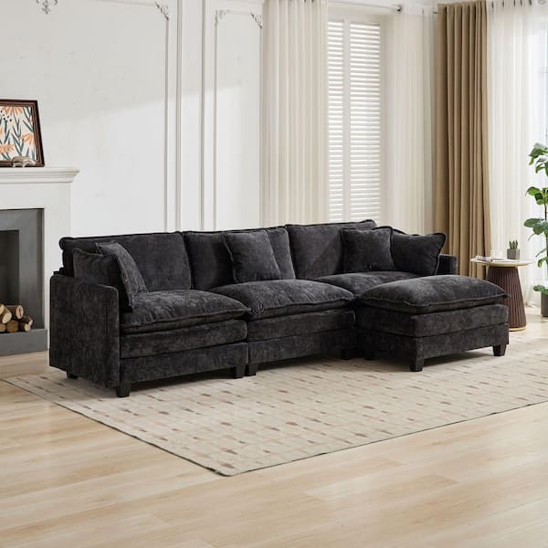Tikhon 113.8 in. W Rectangle Pillow Top Arms Chenille Sofa in Black