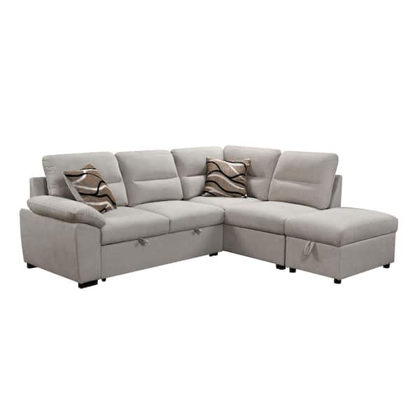 sumyeg 95 in. Square Arm Polyester Sectional Sofa in Beige with Pull-Out Bed and Storage Ottoman