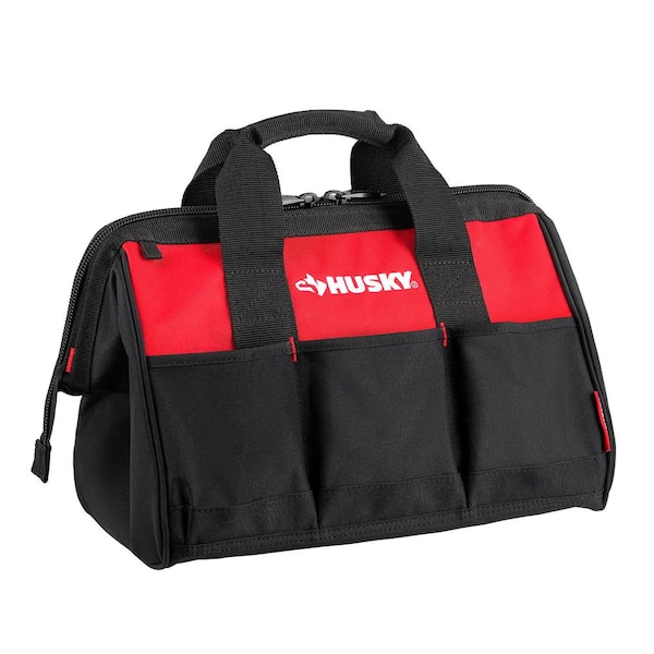 Husky 15 in. Wide Mouth Water Resistant Metal Hardware Dual-Zipper Tool Storage Bag with Adjustable Strap and 8 pockets Husky 15 in. Wide Mouth Water Resistant Metal Hardware Dual-Zipper Tool Storage Bag with Adjustable Strap and 8 pockets